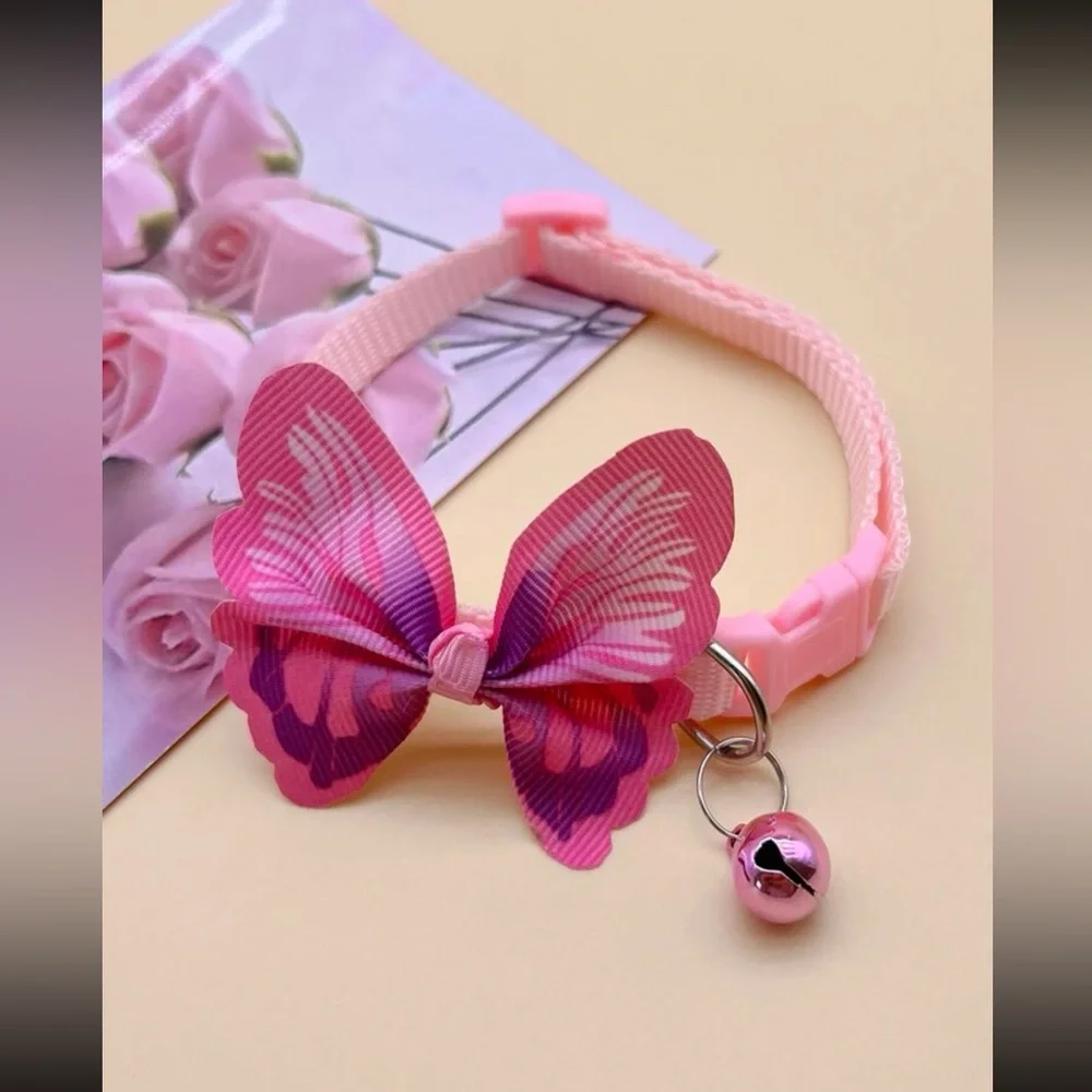 🦋 Adorable Colorful Pastel Pink Butterfly Bell Doggy Dog Or Kitty Cat Collar